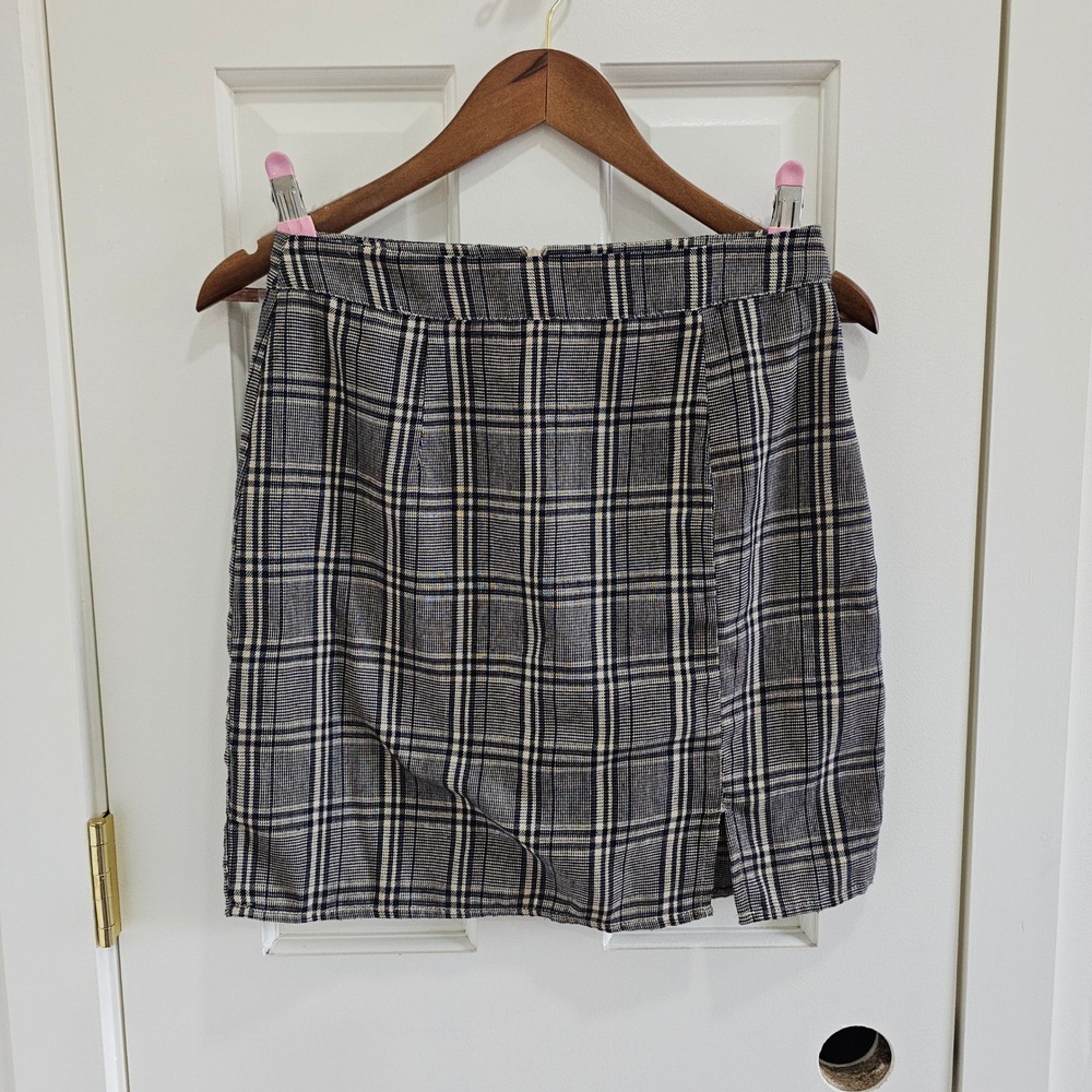 About Us Women Navy Blue Cream Plaid High Waisted Mini Skirt Front Slit Small